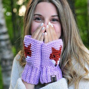 Handmade Lavender Fox Fingerless Gloves, Wrist Warmers, Made in Canada